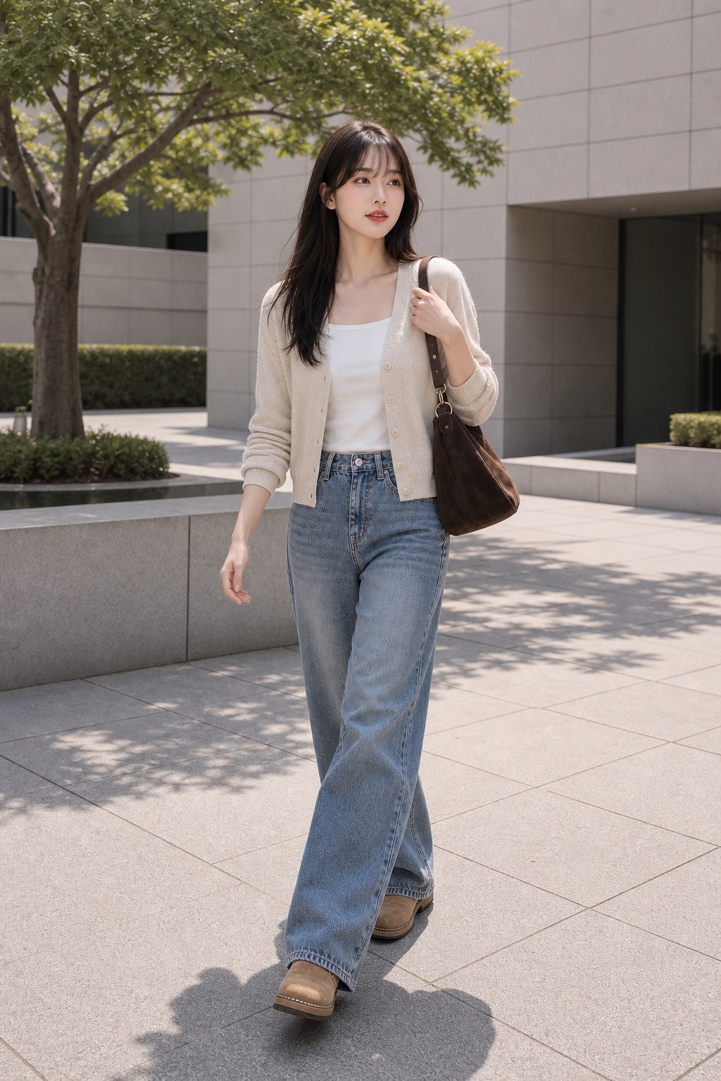 봄 브런치룩, 가디건과 배럴 진으로 편하게 워킹 스타일링: 오트밀 브이넥 가디건, 화이트 스퀘어넥 티셔츠, 미드워시 배럴 진, 탠 스웨이드 클로그, 초콜릿 스웨이드 호보백 스타일링 참고 이미지