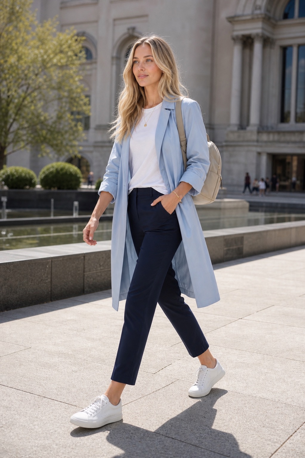 Spring Athleisure Outfit: a light coat, ankle pants, and sneakers walking outfit styling: Sky-blue lightweight spring coat, White cotton tee, Navy straight ankle pants, Clean white leather sneakers, Oatmeal compact backpack styling reference image