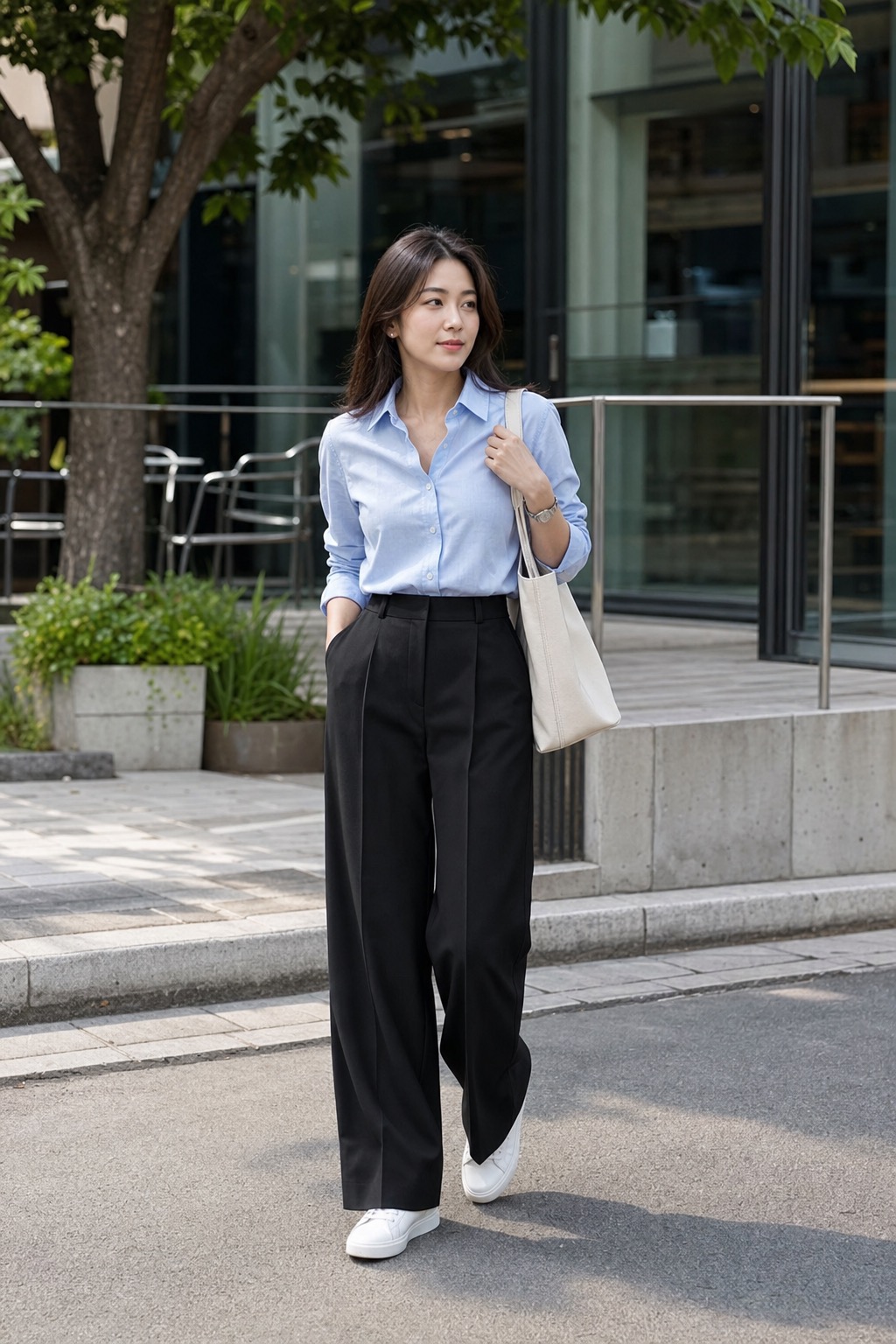 블랙 와이드 슬랙스 코디 참고 이미지 2: 스카이 블루 셔츠와 스니커즈로 산뜻하게 입는 출근룩