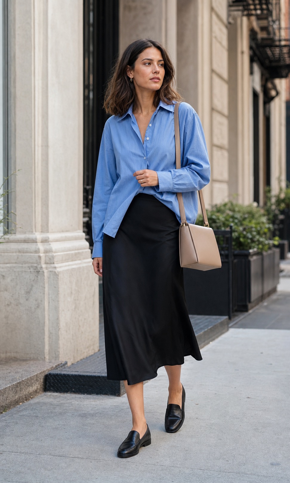 black slip skirt outfits reference image 2: Black slip skirt with a blue button-down shirt and loafers