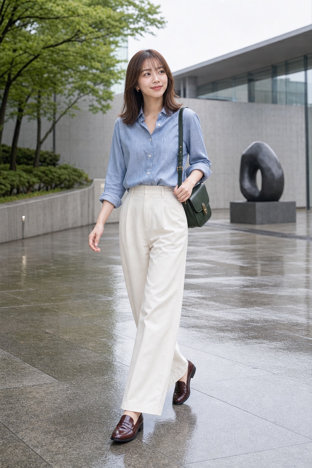 雨の日 コーデ、シャンブレーシャツとワイドパンツで整えるの歩く場面のスタイリング: ライトシャンブレーシャツ, エクリュのワイドコットンパンツ, バーガンディのペニーローファー, ダークグリーンのショルダーバッグ, 小さめシルバーイヤリングのスタイリング参考画像