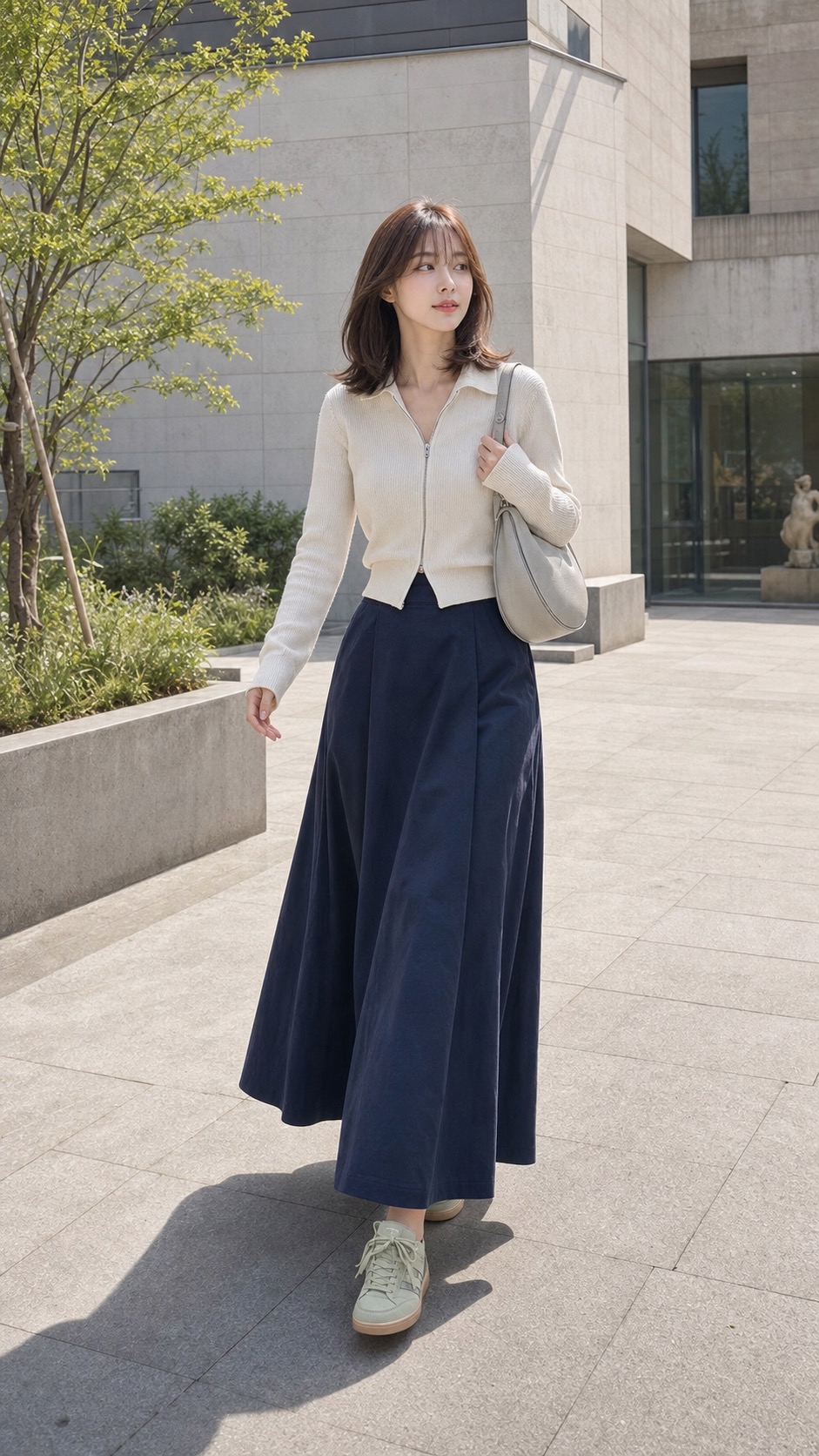 봄 장보기룩, 집업 폴로와 맥시 스커트로 활동적으로 워킹 스타일링: 에크루 집업 니트 폴로, 잉크 네이비 코튼 맥시 스커트, 세이지 그린 트레이너, 라이트 그레이 크레센트 숄더백 스타일링 참고 이미지