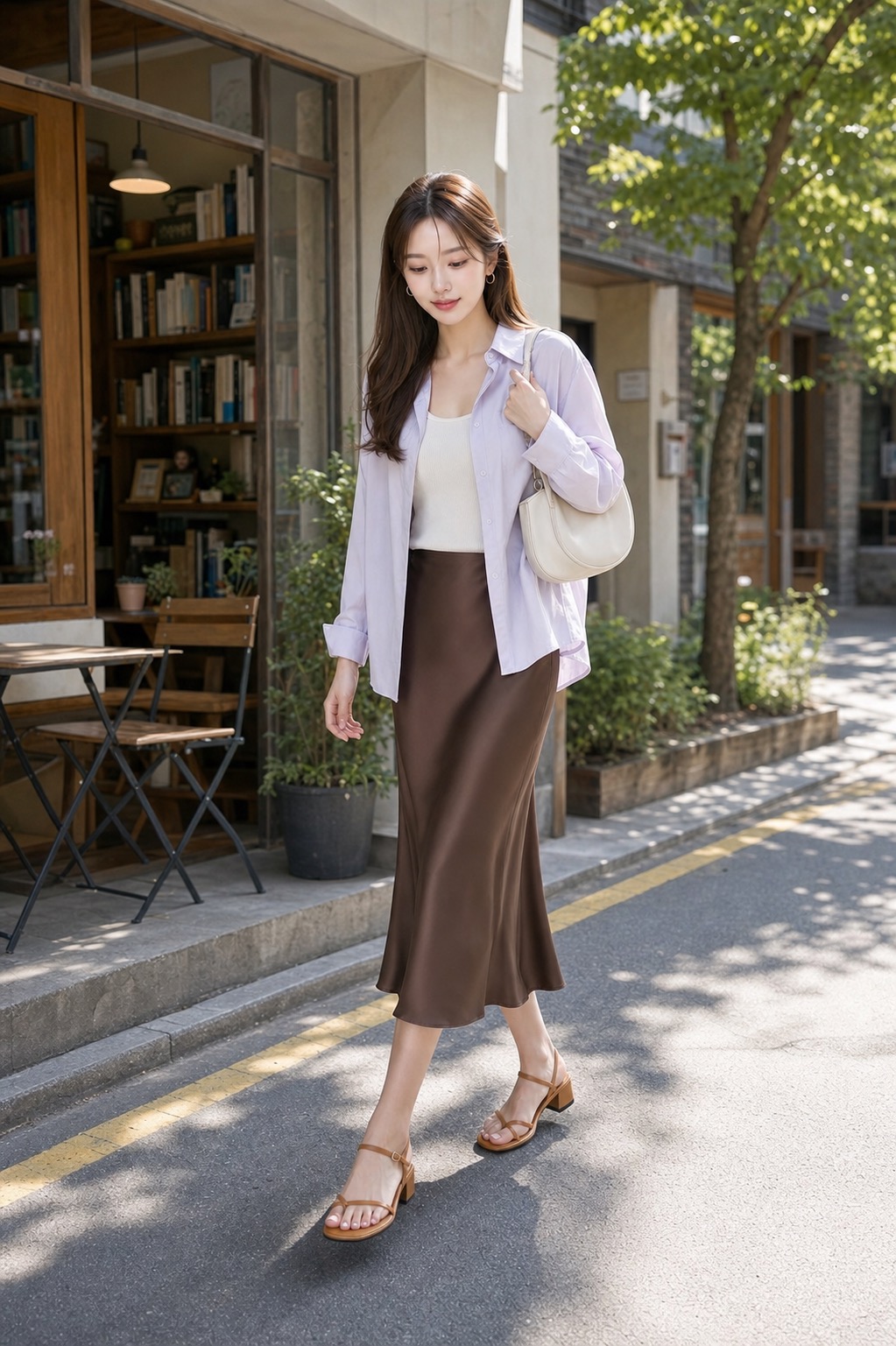 봄 서점룩, 라일락 셔츠와 초콜릿 새틴 스커트로 차분하게 걷는 장면 스타일링: 라일락 실키 셔츠, 아이보리 골지 니트 슬리브리스, 초콜릿 브라운 새틴 미디 스커트, 탄 스트랩 낮은 굽 샌들, 아이보리 크레센트 숄더백, 작은 골드 후프 귀걸이 스타일링 참고 이미지