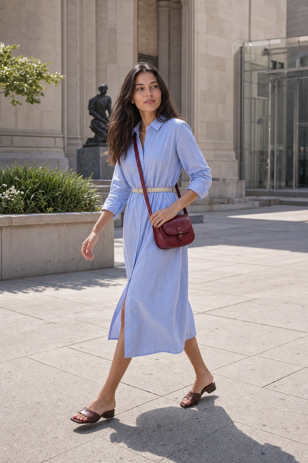 Spring Gallery Outfit: a poplin shirtdress, mules, and crossbody bag walking outfit styling: Sky-blue poplin shirtdress, Chocolate square-toe mules, Cranberry leather crossbody bag, Ivory slim belt styling reference image