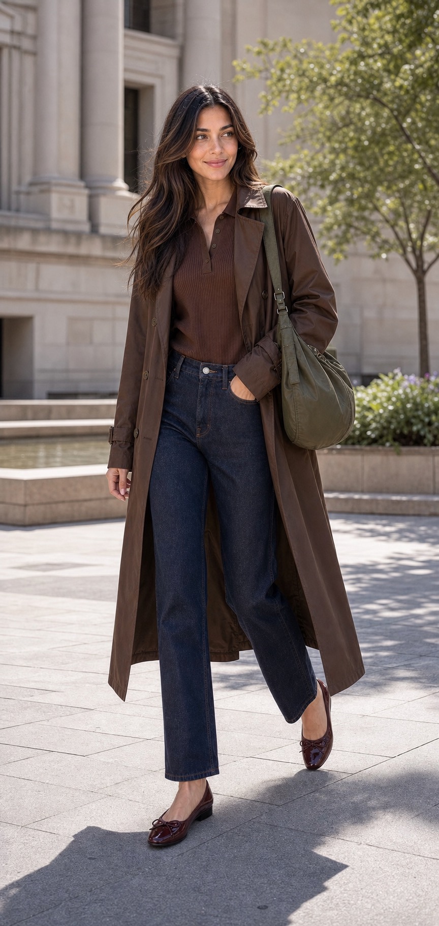 Home Goods Errand Outfit: a chocolate trench, dark denim, and burgundy flats walking outfit styling: Chocolate water-resistant trench coat, Cocoa ribbed knit polo top, Dark indigo straight-leg jeans, Burgundy water-resistant ballet flats, Olive nylon crescent shoulder bag styling reference image