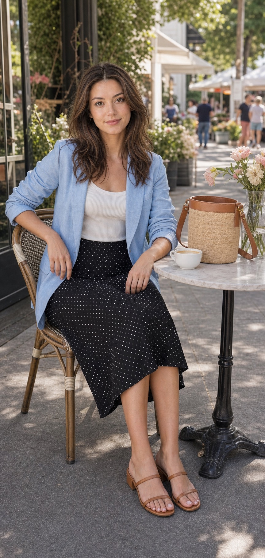 Spring Market Outfit: a sky-blue linen blazer, polka-dot midi skirt, and tan sandals seated outfit styling: Sky-blue linen blazer, White ribbed tank top, Black-and-cream polka-dot midi skirt, Tan low block-heel sandals, Straw bucket bag with tan trim, Small gold hoop earrings styling reference image