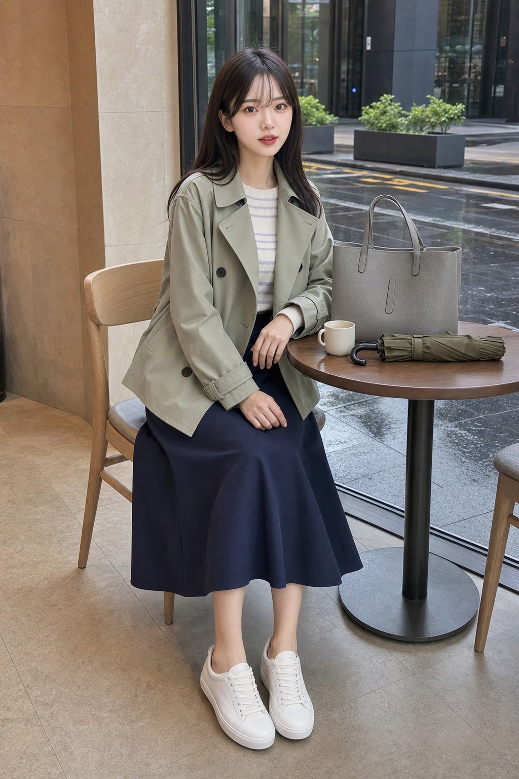 봄비 출근룩, 세이지 트렌치와 스니커즈로 맑게 정리하기 앉은 자세 스타일링: 세이지 그린 숏 트렌치, 아이보리 블루 스트라이프 니트, 네이비 A라인 미디 스커트, 화이트 방수 스니커즈, 라이트 그레이 구조감 토트백, 올리브 접이식 우산 스타일링 참고 이미지