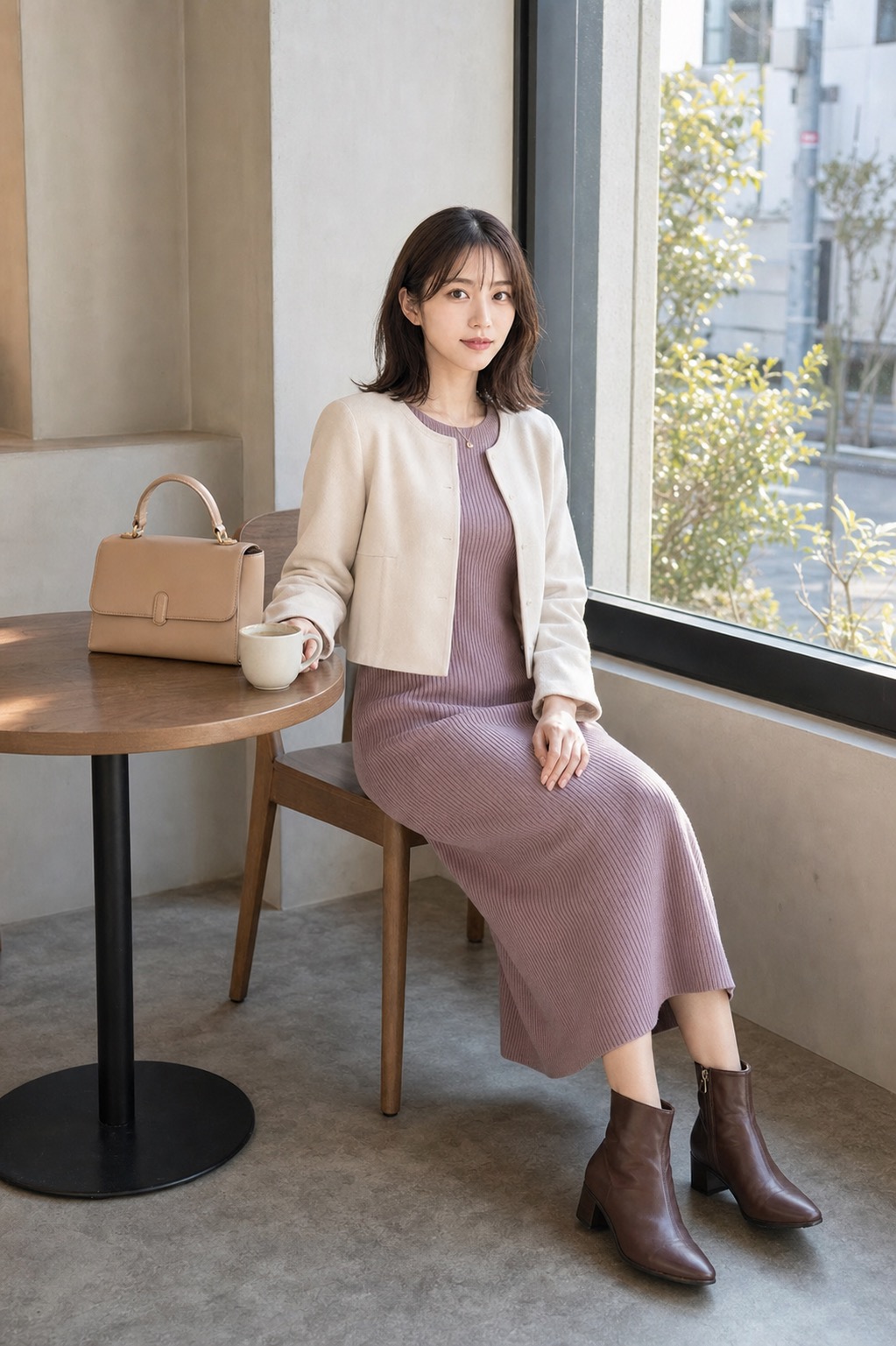 春 デートコーデ、モーヴのニットワンピースとショートブーツで上品にの座った姿勢のスタイリング: モーヴのリブニットミディワンピース, エクリュの短めノーカラージャケット, ブラウンの低めショートブーツ, ベージュの小さめトップハンドルバッグ, 細めゴールドネックレスのスタイリング参考画像