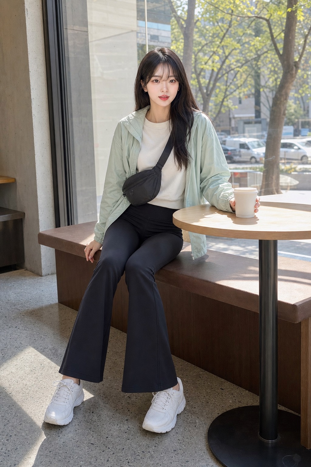 봄 애슬레저룩, 민트 윈드브레이커와 플레어 레깅스로 산뜻하게 앉은 자세 스타일링: 민트 라이트 윈드브레이커, 아이보리 크롭 스웨트셔츠, 블랙 하이웨이스트 플레어 레깅스, 화이트 러닝 무드 스니커즈, 차콜 나일론 벨트백, 작은 실버 스터드 귀걸이 스타일링 참고 이미지