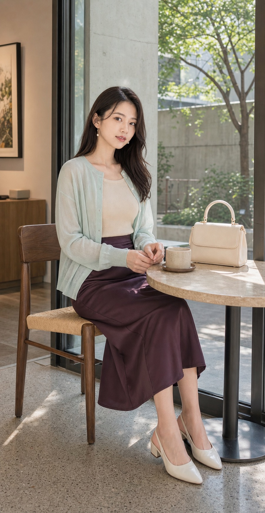 春 ギャラリーカフェコーデ、ミントのシアーカーディガンとプラムサテンで軽やかにの座った姿勢のスタイリング: ミントのシアーカーディガン, シャンパンベージュのノースリーブニット, プラムのサテンナロースカート, アイボリーの低めスリングバック, エクリュのトップハンドルバッグ, 小さなパールドロップイヤリングのスタイリング参考画像