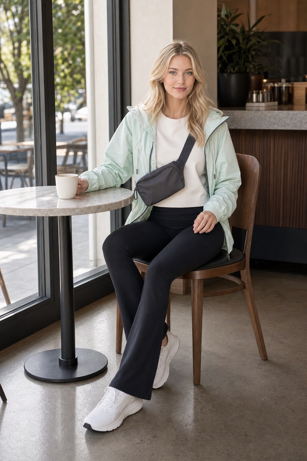 Spring Athleisure Outfit: a mint windbreaker, flare leggings, and clean sneakers seated outfit styling: Fresh mint lightweight windbreaker, Ivory cropped sweatshirt, Black high-waist flare leggings, Clean white running-inspired sneakers, Charcoal nylon belt bag, Small silver stud earrings styling reference image