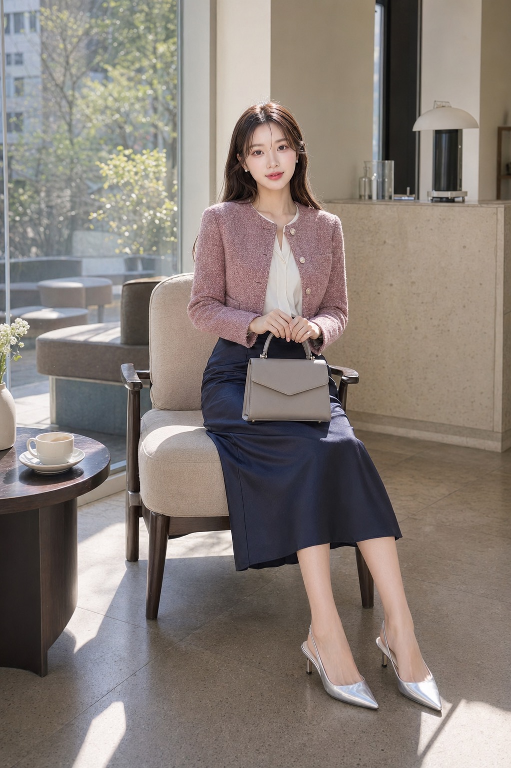 봄 갤러리룩, 로즈 재킷과 네이비 새틴 스커트로 우아하게 앉은 자세 스타일링: 더스티 로즈 숏 트위드 재킷, 아이보리 실키 블라우스, 잉크 네이비 새틴 미디 스커트, 실버 낮은 굽 슬링백, 도브 그레이 탑핸들 백, 작은 진주 귀걸이 스타일링 참고 이미지