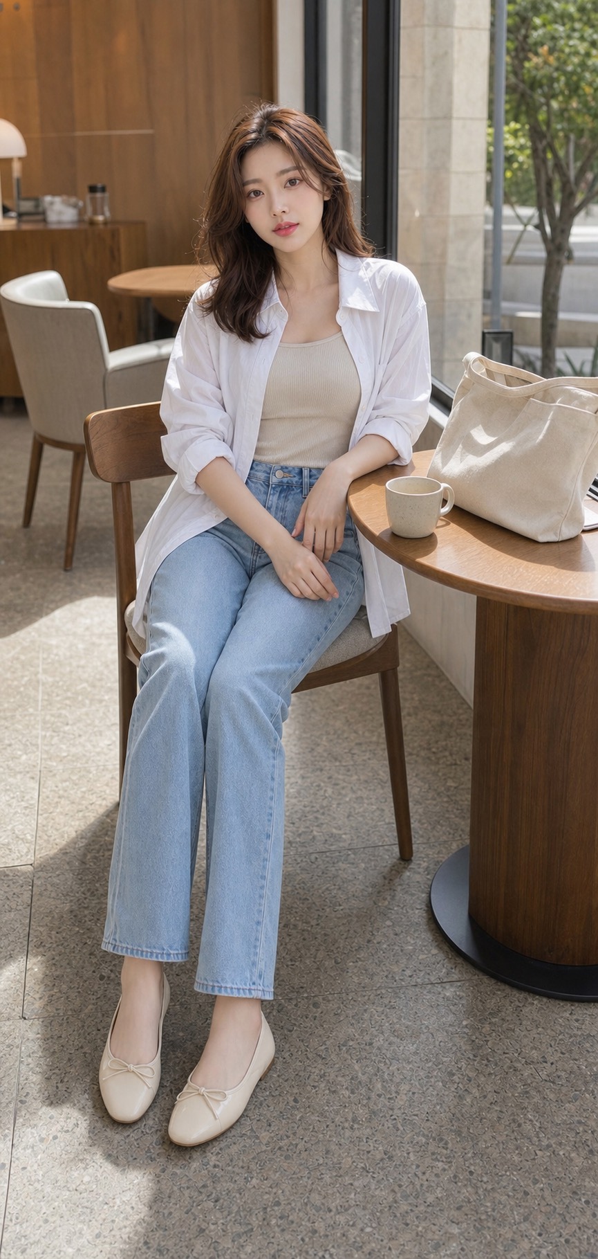 봄 주말룩, 셔츠와 데님으로 편하게 정리하기 앉은 자세 스타일링: 화이트 코튼 셔츠, 베이지 골지 민소매 톱, 라이트 블루 스트레이트 데님, 크림 발레리나 플랫, 캔버스 토트백 스타일링 참고 이미지