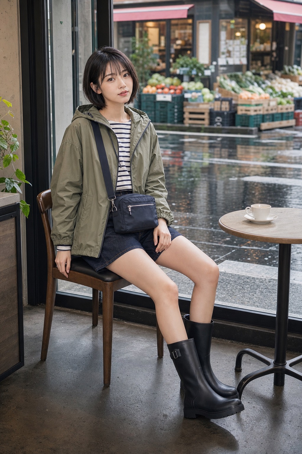 雨上がり ワンマイルコーデ、オリーブのアノラックとレインブーツで軽くの座った姿勢のスタイリング: オリーブの撥水アノラック, アイボリーとネイビーのボーダーカットソー, 濃いインディゴのデニムショートパンツ, 黒のミドル丈レインブーツ, ネイビーの防水ジップクロスボディバッグのスタイリング参考画像