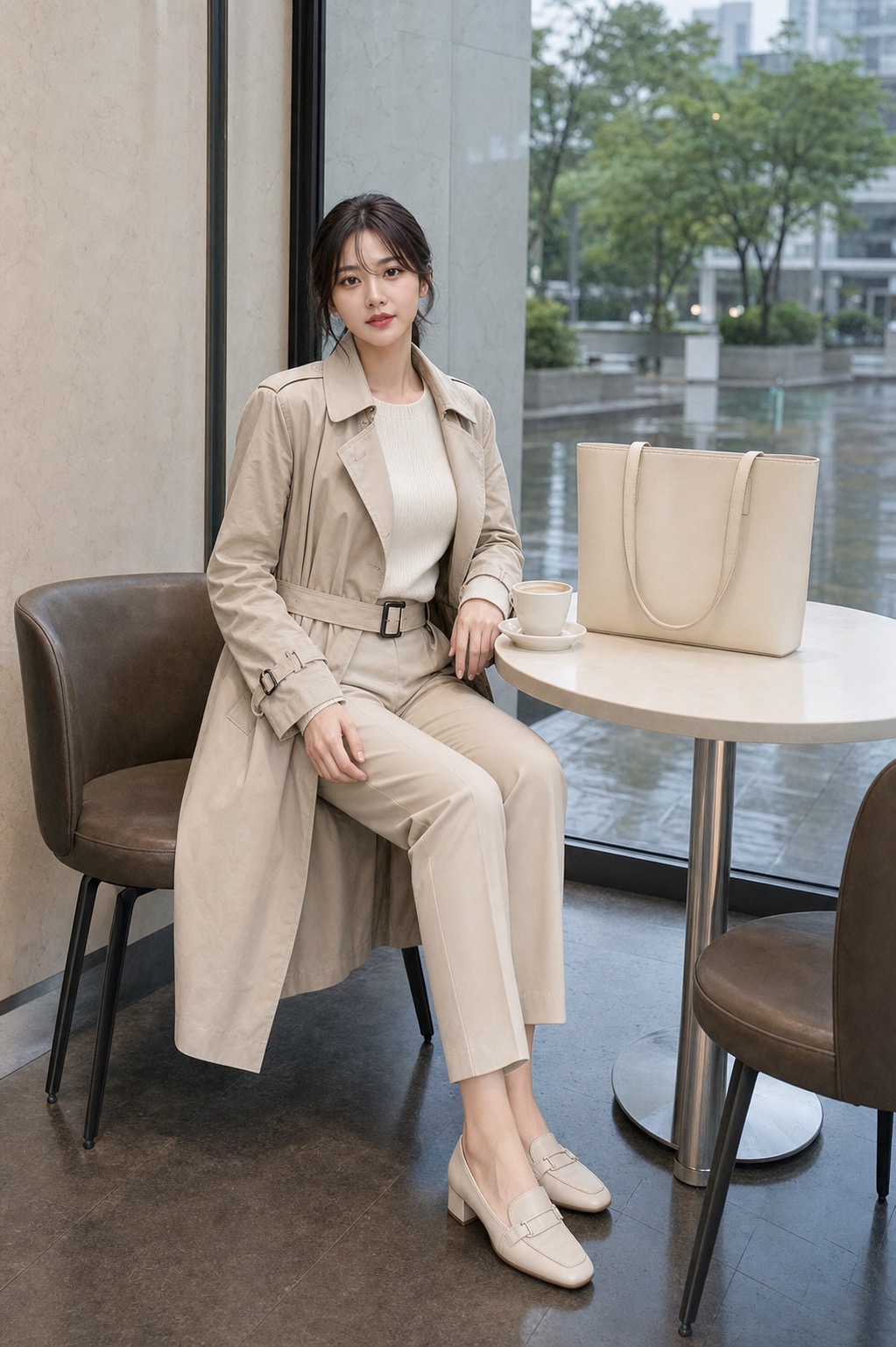 봄비 출근룩, 밝은 트렌치와 로퍼로 단정하게 앉은 자세 스타일링: 밝은 트렌치 또는 발수 아우터, 아이보리 얇은 이너, 베이지 앵클 팬츠, 낮은 굽 로퍼, 밝은 구조감 토트백 스타일링 참고 이미지