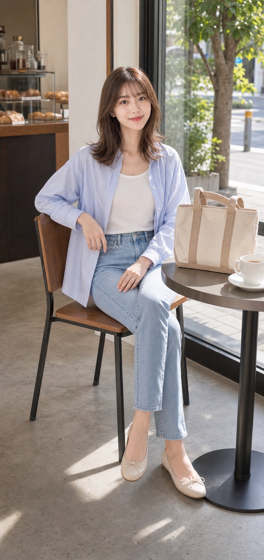春 カジュアルコーデ、シャツとデニムをきれいめに着るの座った姿勢のスタイリング: ブルー系ストライプシャツ, 白のタンクトップ, 細身ストレートデニム, ベージュのバレエシューズ, キャンバスミニトートのスタイリング参考画像
