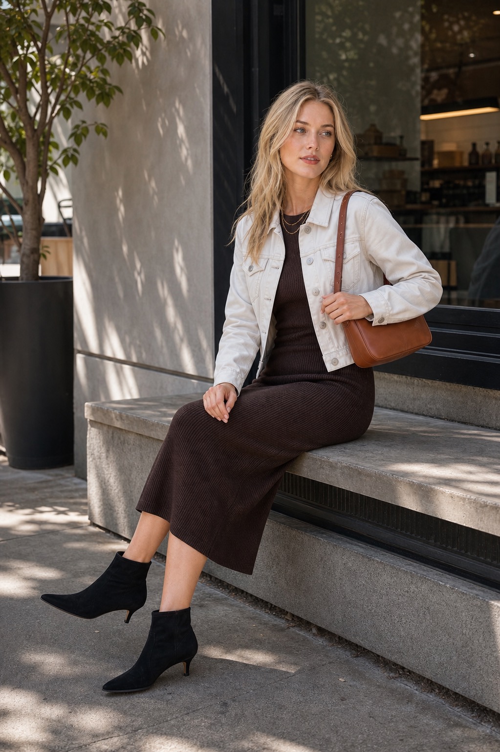 Spring Gallery Outfit: a column dress, cropped jacket, and shoulder bag seated outfit styling: Espresso ribbed knit column midi dress, Bone cropped denim jacket, Black suede kitten-heel ankle boots, Cognac east-west shoulder bag, Layered fine gold chain necklace styling reference image
