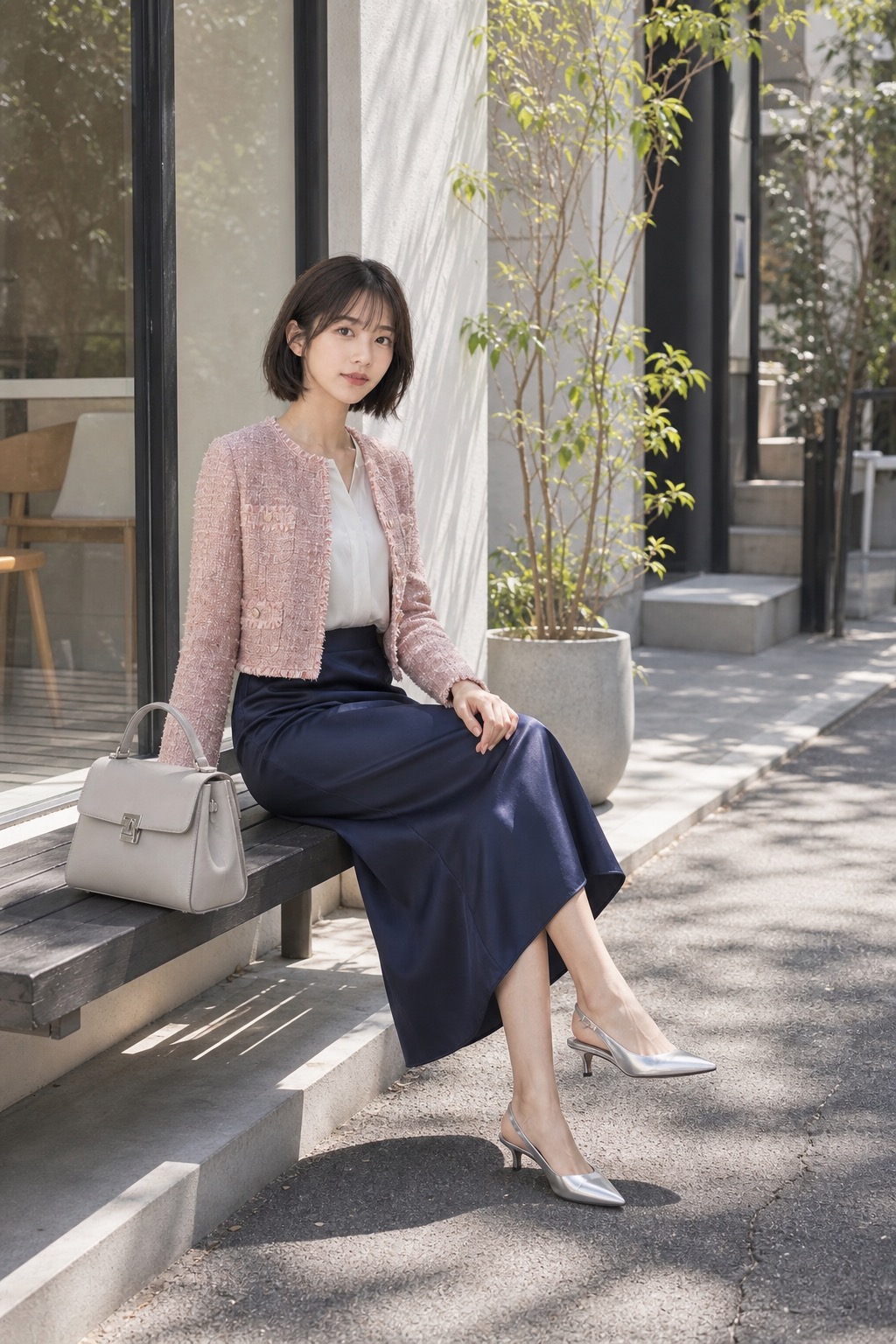 春 アスレジャーコーデ、サテンスカートとスリングバックで上品にの座った姿勢のスタイリング: ローズの短めツイードジャケット, アイボリーのシルキーブラウス, ネイビーのサテンナロースカート, シルバーの低めスリングバック, ライトグレーのトップハンドルバッグのスタイリング参考画像