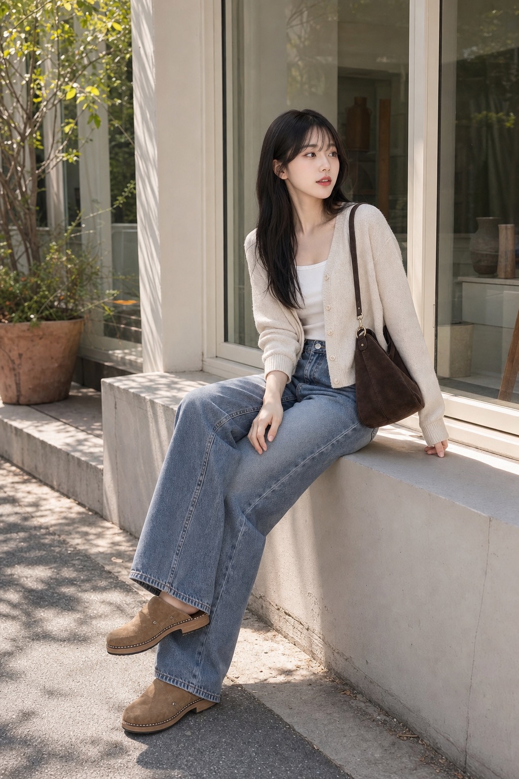 봄 브런치룩, 가디건과 배럴 진으로 편하게 앉은 자세 스타일링: 오트밀 브이넥 가디건, 화이트 스퀘어넥 티셔츠, 미드워시 배럴 진, 탠 스웨이드 클로그, 초콜릿 스웨이드 호보백 스타일링 참고 이미지