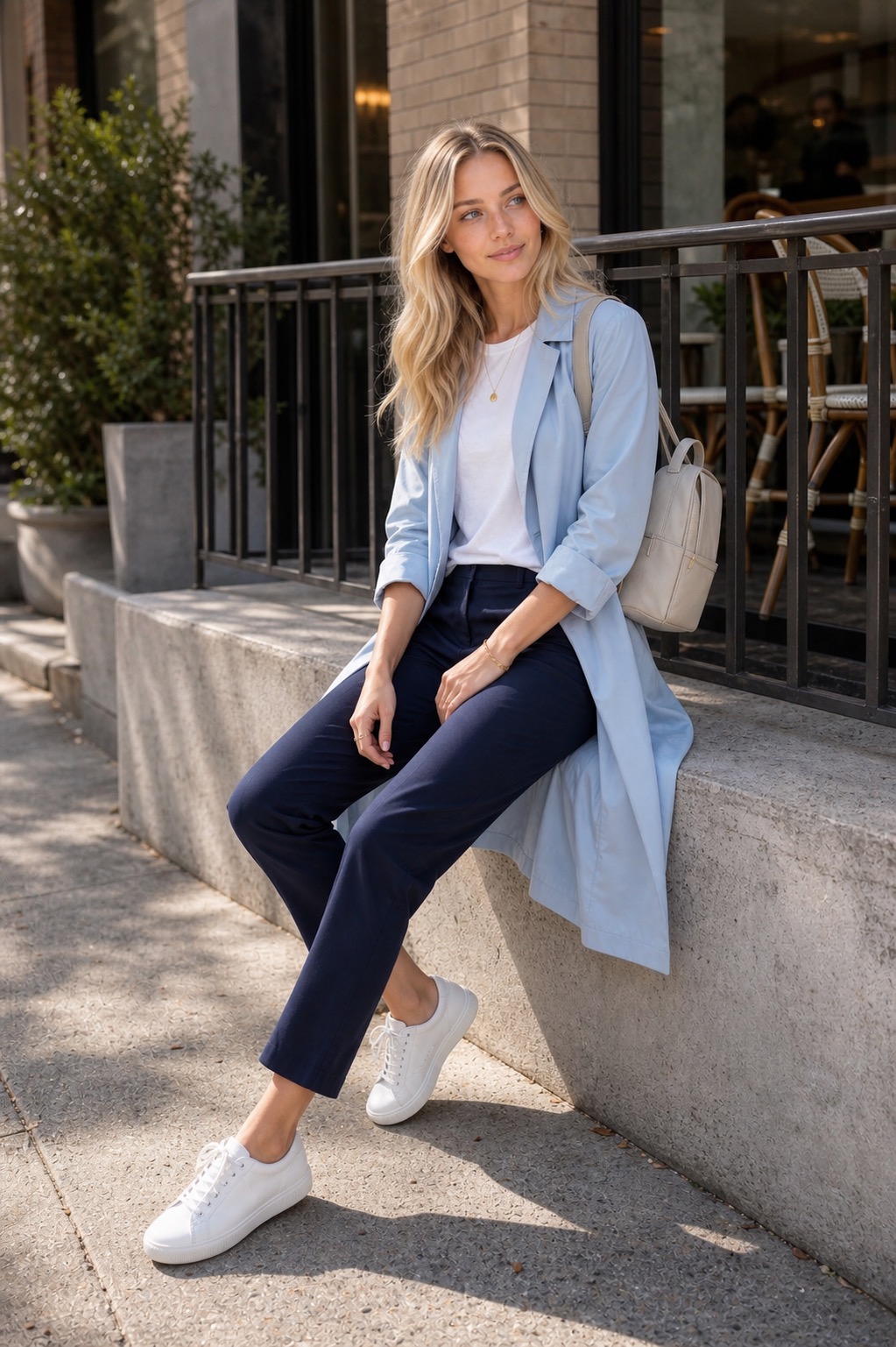 Spring Athleisure Outfit: a light coat, ankle pants, and sneakers seated outfit styling: Sky-blue lightweight spring coat, White cotton tee, Navy straight ankle pants, Clean white leather sneakers, Oatmeal compact backpack styling reference image