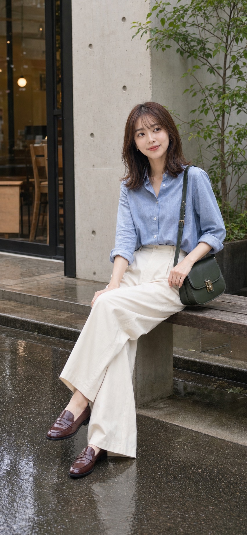 雨の日 コーデ、シャンブレーシャツとワイドパンツで整えるの座った姿勢のスタイリング: ライトシャンブレーシャツ, エクリュのワイドコットンパンツ, バーガンディのペニーローファー, ダークグリーンのショルダーバッグ, 小さめシルバーイヤリングのスタイリング参考画像
