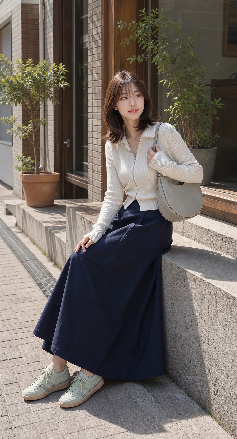 봄 장보기룩, 집업 폴로와 맥시 스커트로 활동적으로 앉은 자세 스타일링: 에크루 집업 니트 폴로, 잉크 네이비 코튼 맥시 스커트, 세이지 그린 트레이너, 라이트 그레이 크레센트 숄더백 스타일링 참고 이미지