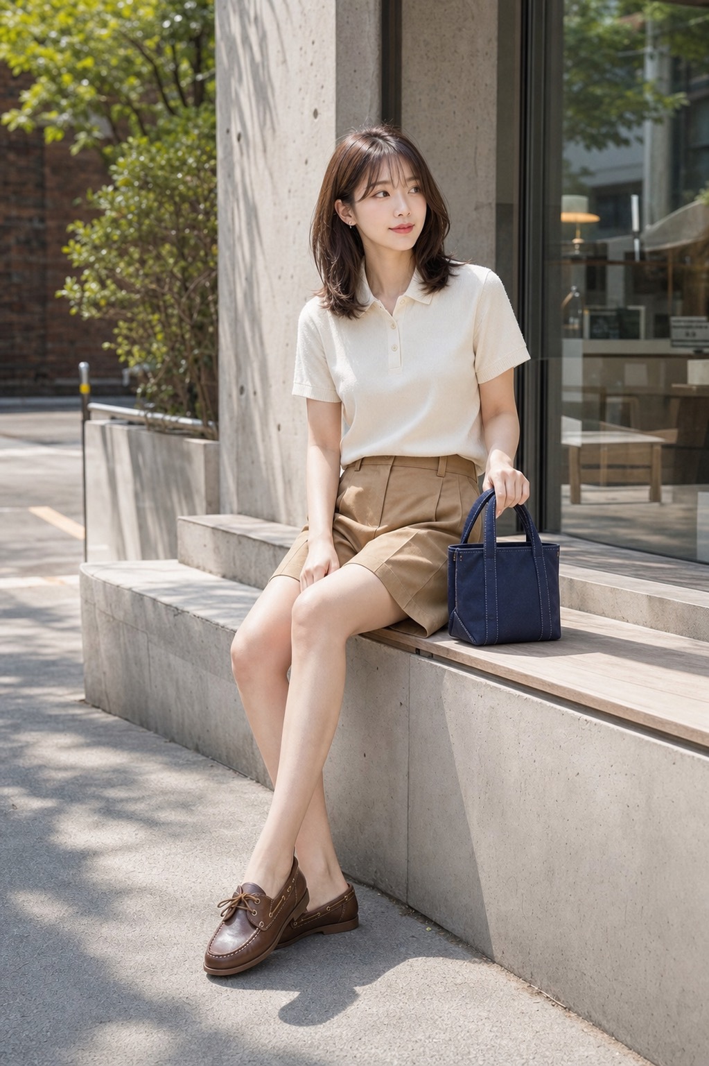 시티워크룩 참고 이미지 3 - 오프화이트 피케 폴로, 카멜 버뮤다 팬츠, 브라운 보트 슈즈, 네이비 캔버스 미니 토트 조합