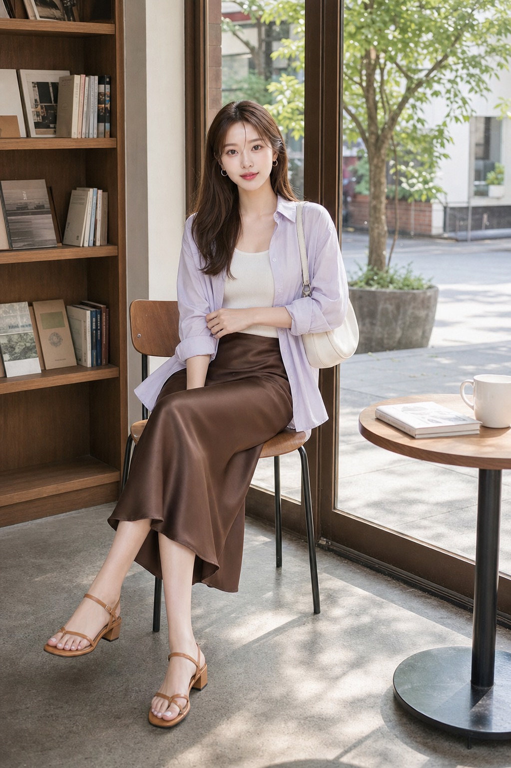 봄 서점룩, 라일락 셔츠와 초콜릿 새틴 스커트로 차분하게 앉은 자세 스타일링: 라일락 실키 셔츠, 아이보리 골지 니트 슬리브리스, 초콜릿 브라운 새틴 미디 스커트, 탄 스트랩 낮은 굽 샌들, 아이보리 크레센트 숄더백, 작은 골드 후프 귀걸이 스타일링 참고 이미지