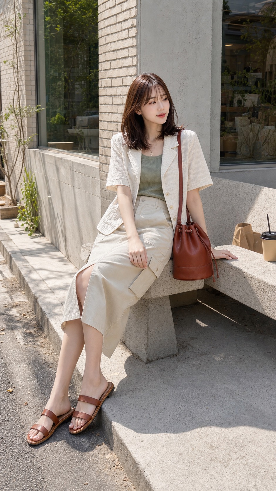 동네 장보기룩, 시어서커 재킷과 유틸리티 스커트로 가볍게 앉은 자세 스타일링: 크림 시어서커 반팔 재킷, 세이지 슬리브리스 니트, 스톤 유틸리티 미디 스커트, 브라운 투스트랩 샌들, 테라코타 버킷백 스타일링 참고 이미지