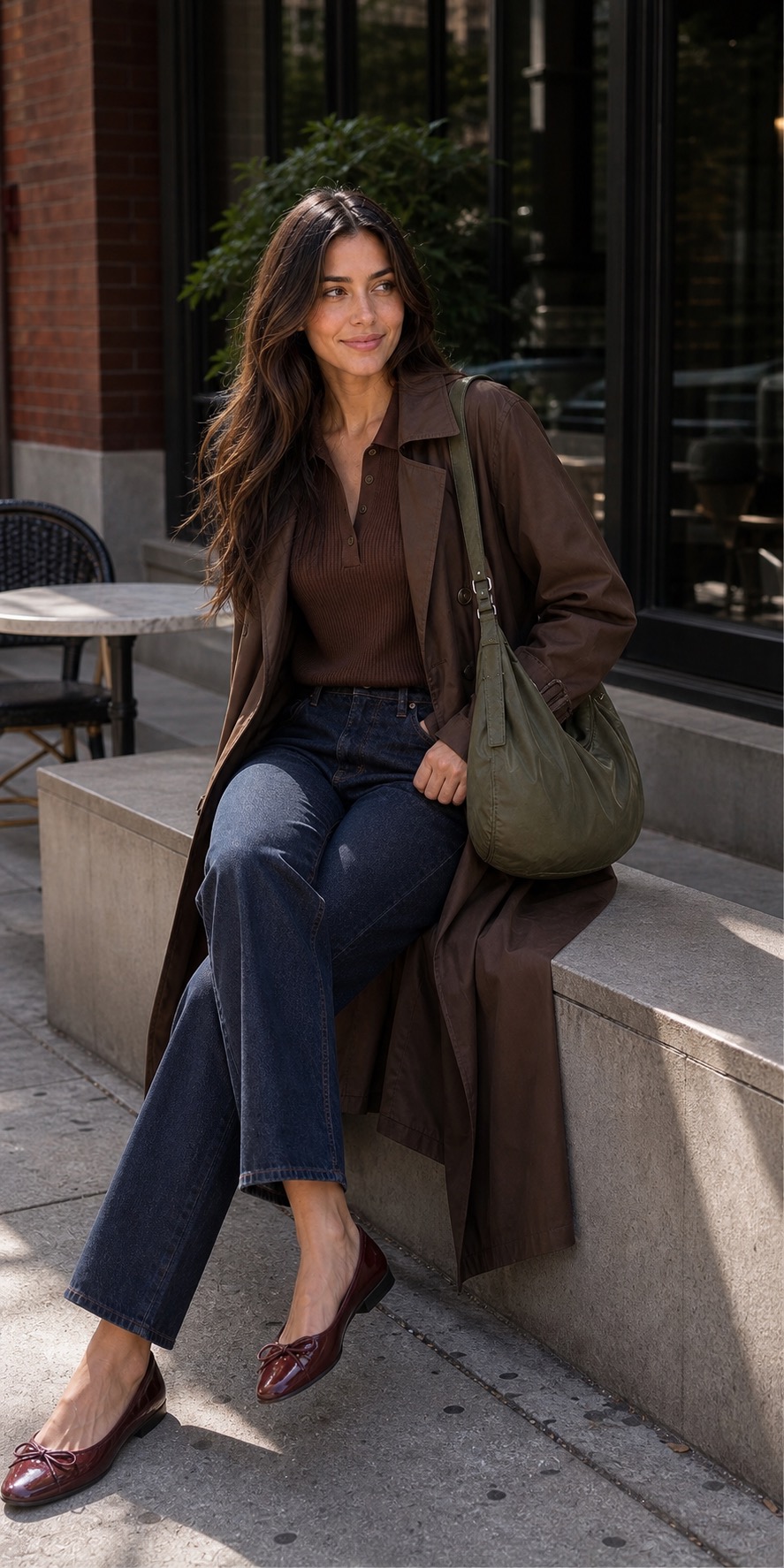 Home Goods Errand Outfit: a chocolate trench, dark denim, and burgundy flats seated outfit styling: Chocolate water-resistant trench coat, Cocoa ribbed knit polo top, Dark indigo straight-leg jeans, Burgundy water-resistant ballet flats, Olive nylon crescent shoulder bag styling reference image