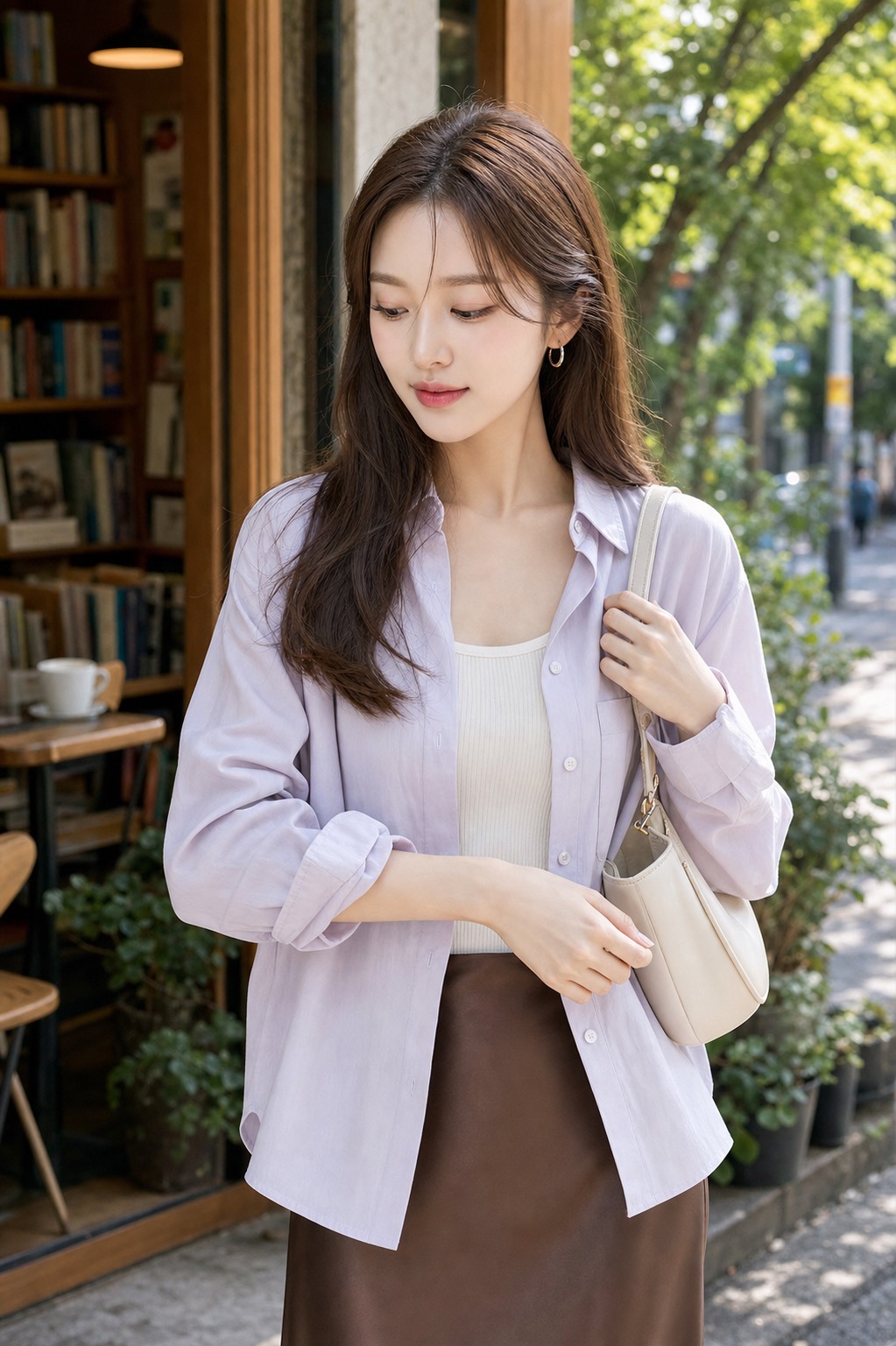 봄 서점룩, 라일락 셔츠와 초콜릿 새틴 스커트로 차분하게 상체 소재 디테일: 라일락 실키 셔츠, 아이보리 골지 니트 슬리브리스, 초콜릿 브라운 새틴 미디 스커트, 탄 스트랩 낮은 굽 샌들, 아이보리 크레센트 숄더백, 작은 골드 후프 귀걸이 스타일링 참고 이미지