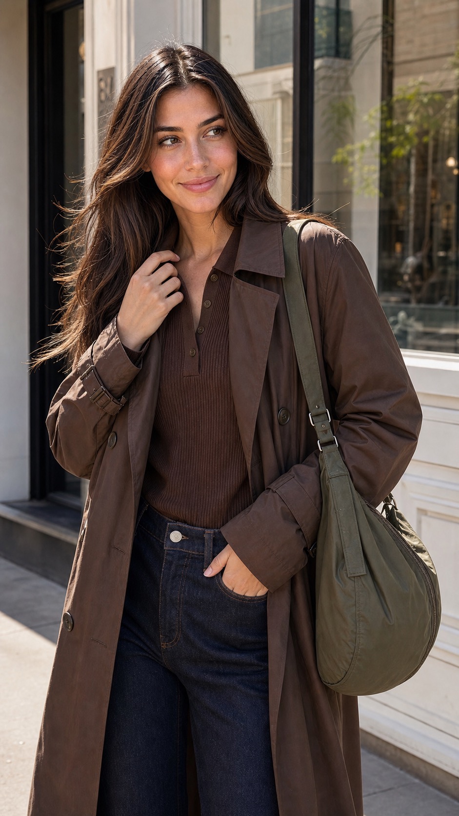 Home Goods Errand Outfit: a chocolate trench, dark denim, and burgundy flats upper-body layering detail: Chocolate water-resistant trench coat, Cocoa ribbed knit polo top, Dark indigo straight-leg jeans, Burgundy water-resistant ballet flats, Olive nylon crescent shoulder bag styling reference image