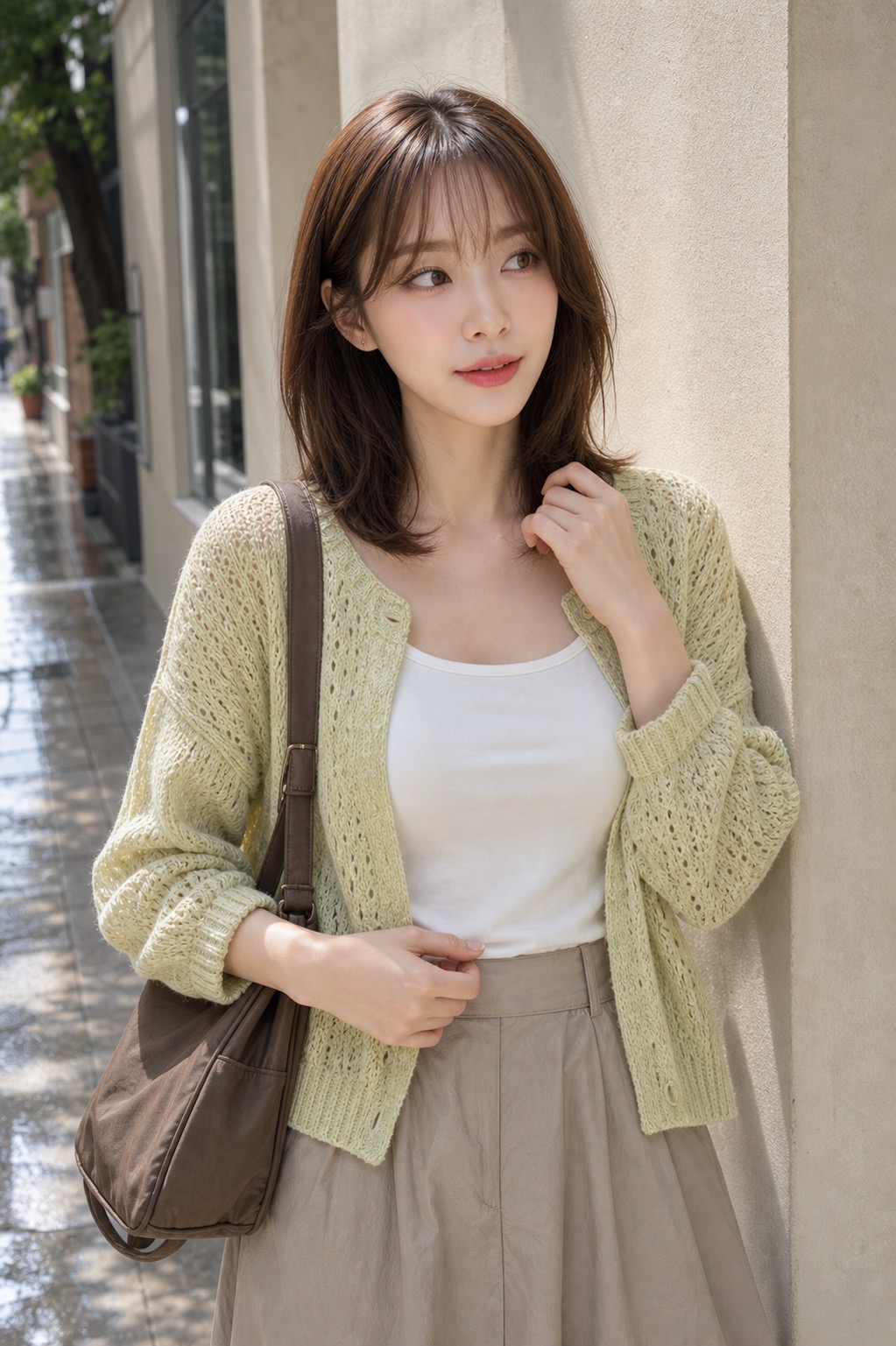 봄비 코디, 오픈워크 가디건과 파라슈트 스커트로 가볍게 상체 레이어링 디테일: 페일 라임 오픈워크 가디건, 화이트 슬림 코튼 탱크톱, 스모키 베이지 파라슈트 미디 스커트, 소프트 그레이 테라스 스니커즈, 코코아 나일론 숄더백 스타일링 참고 이미지