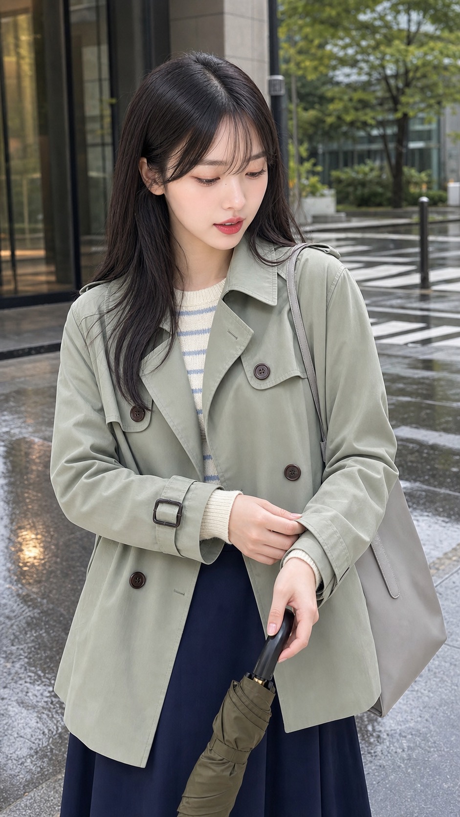 봄비 출근룩, 세이지 트렌치와 스니커즈로 맑게 정리하기 상체 소재 디테일: 세이지 그린 숏 트렌치, 아이보리 블루 스트라이프 니트, 네이비 A라인 미디 스커트, 화이트 방수 스니커즈, 라이트 그레이 구조감 토트백, 올리브 접이식 우산 스타일링 참고 이미지
