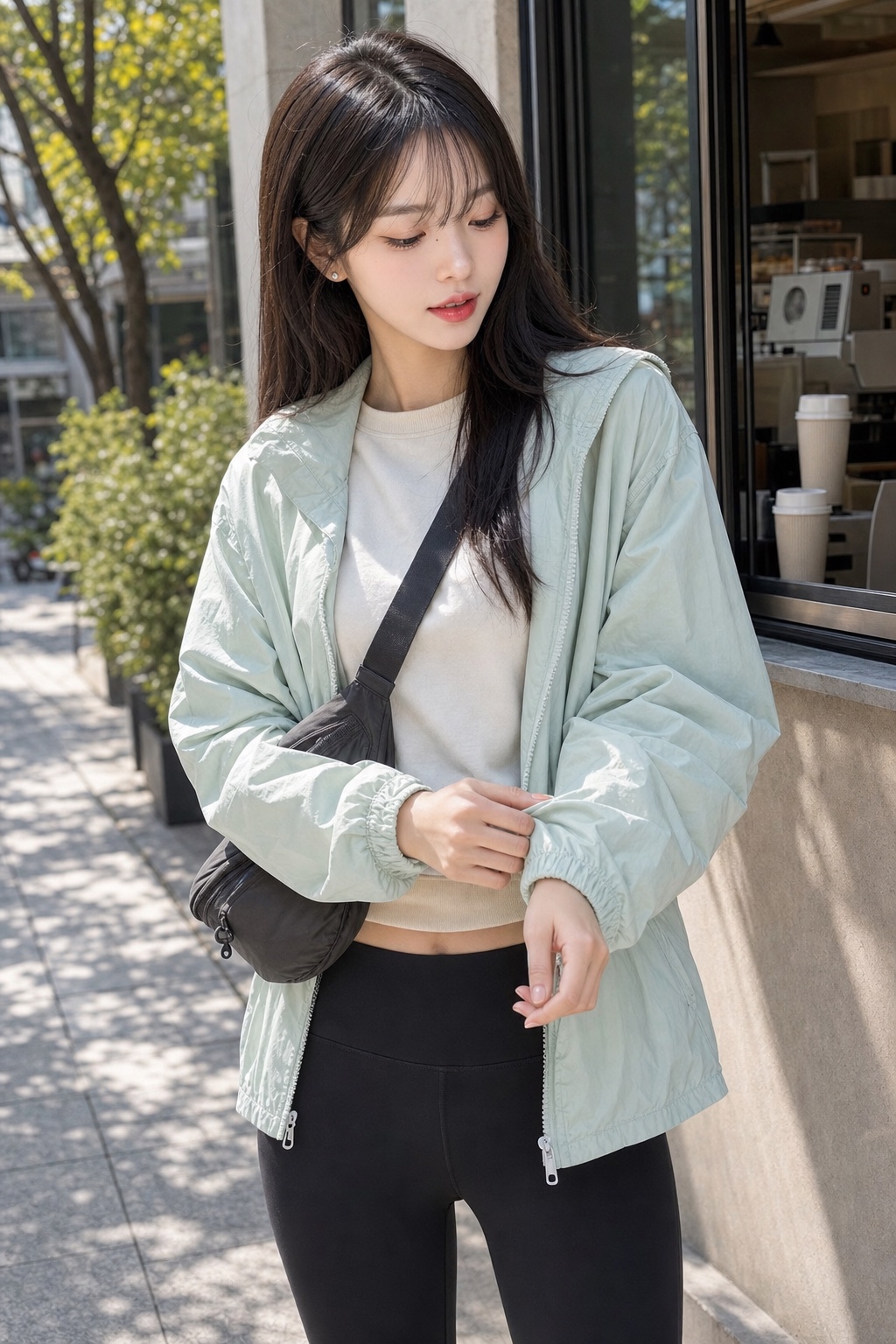 봄 애슬레저룩, 민트 윈드브레이커와 플레어 레깅스로 산뜻하게 상체 레이어링 디테일: 민트 라이트 윈드브레이커, 아이보리 크롭 스웨트셔츠, 블랙 하이웨이스트 플레어 레깅스, 화이트 러닝 무드 스니커즈, 차콜 나일론 벨트백, 작은 실버 스터드 귀걸이 스타일링 참고 이미지