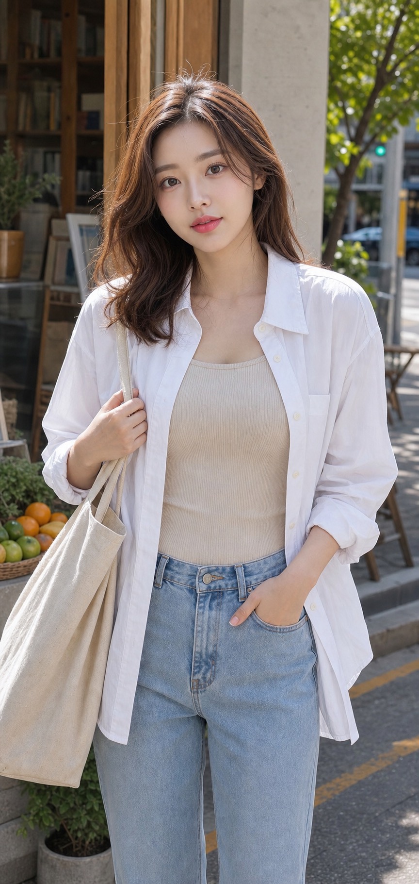 봄 주말룩, 셔츠와 데님으로 편하게 정리하기 상체 레이어링 디테일: 화이트 코튼 셔츠, 베이지 골지 민소매 톱, 라이트 블루 스트레이트 데님, 크림 발레리나 플랫, 캔버스 토트백 스타일링 참고 이미지