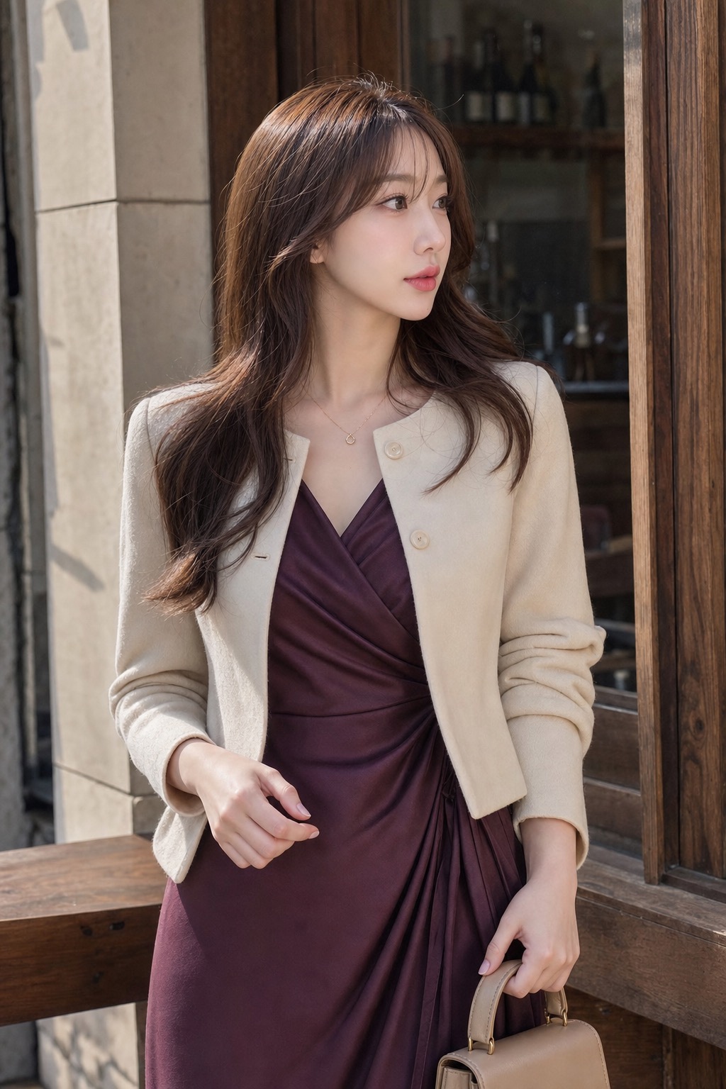 봄 데이트룩, 플럼 랩 원피스와 앵클부츠로 세련되게 상체 레이어링 디테일: 플럼 새틴 랩 미디 원피스, 크림 크롭 노카라 재킷, 초콜릿 브라운 낮은 굽 앵클부츠, 웜 베이지 미니 탑핸들백, 얇은 골드 목걸이 스타일링 참고 이미지