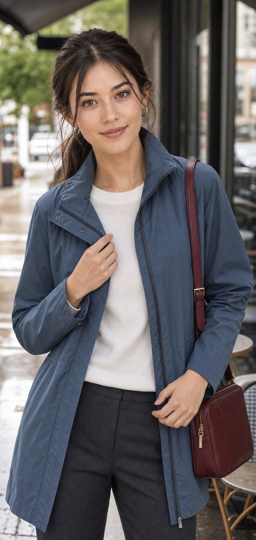 Spring Rainy City Outfit: a slate rain jacket, ankle pants, and Chelsea boots upper-body layering detail: Slate blue water-resistant rain jacket, White fine-gauge crewneck knit top, Charcoal tapered ankle pants, Black waterproof Chelsea boots, Burgundy zip-top shoulder bag, Small silver hoop earrings styling reference image
