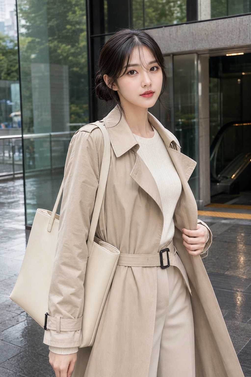 봄비 출근룩, 밝은 트렌치와 로퍼로 단정하게 상체 레이어링 디테일: 밝은 트렌치 또는 발수 아우터, 아이보리 얇은 이너, 베이지 앵클 팬츠, 낮은 굽 로퍼, 밝은 구조감 토트백 스타일링 참고 이미지
