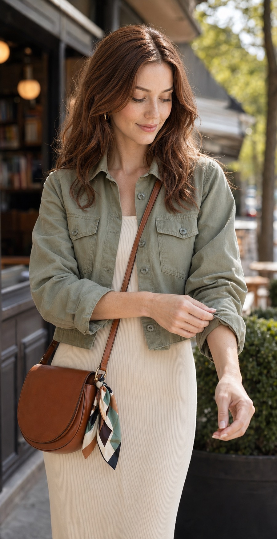 Spring Weekend Dress Outfit: a sage jacket, ribbed midi dress, and clean sneakers upper-body texture detail: Soft sage cropped utility jacket, Cream ribbed knit midi dress, Clean white leather sneakers, Cognac saddle crossbody bag, Small silk scarf for bag strap styling reference image
