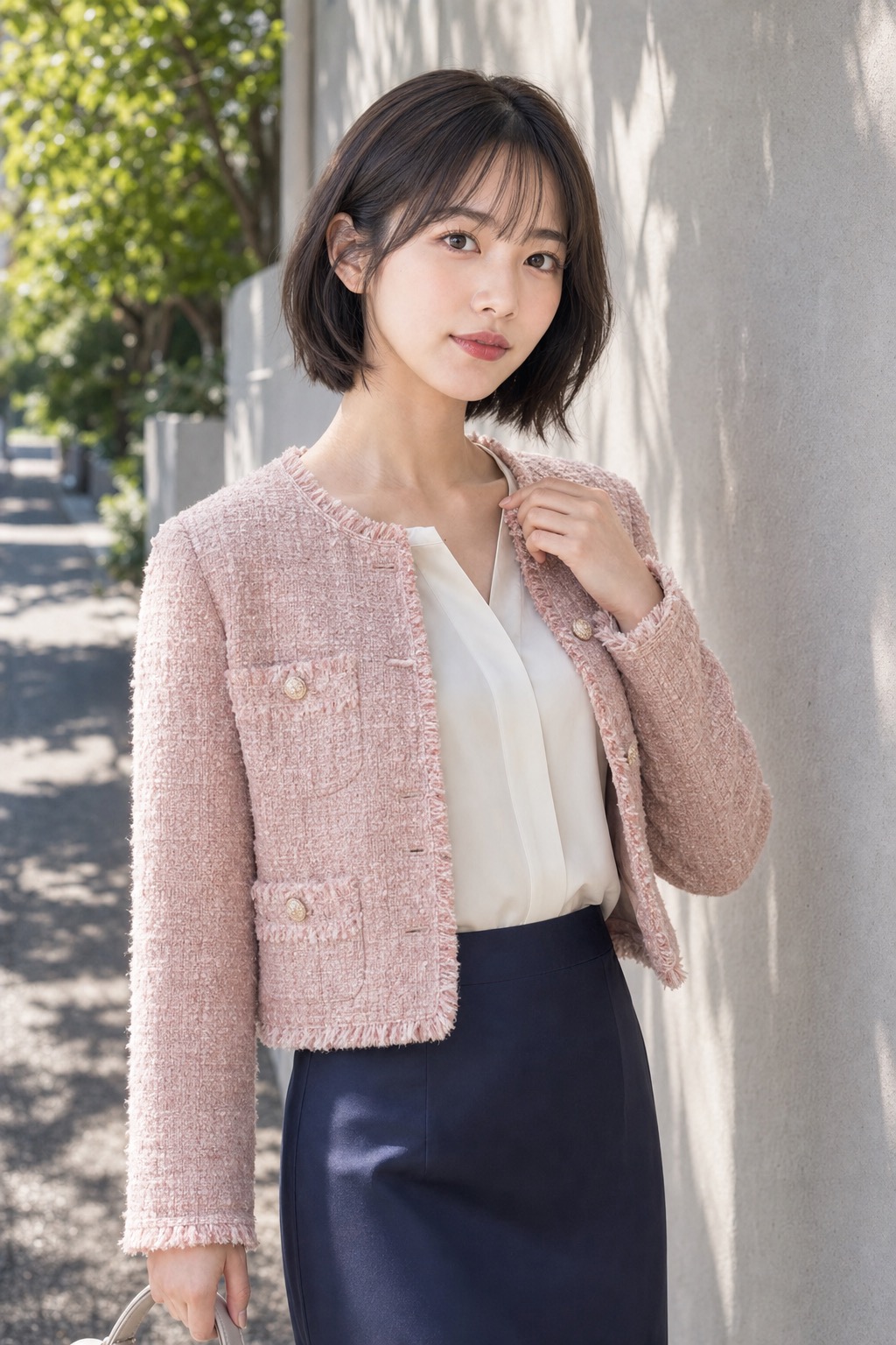 春 アスレジャーコーデ、サテンスカートとスリングバックで上品にの上半身レイヤードのディテール: ローズの短めツイードジャケット, アイボリーのシルキーブラウス, ネイビーのサテンナロースカート, シルバーの低めスリングバック, ライトグレーのトップハンドルバッグのスタイリング参考画像