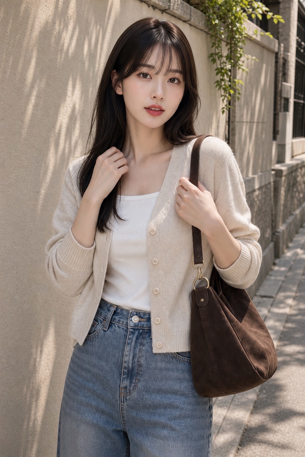봄 브런치룩, 가디건과 배럴 진으로 편하게 상체 레이어링 디테일: 오트밀 브이넥 가디건, 화이트 스퀘어넥 티셔츠, 미드워시 배럴 진, 탠 스웨이드 클로그, 초콜릿 스웨이드 호보백 스타일링 참고 이미지
