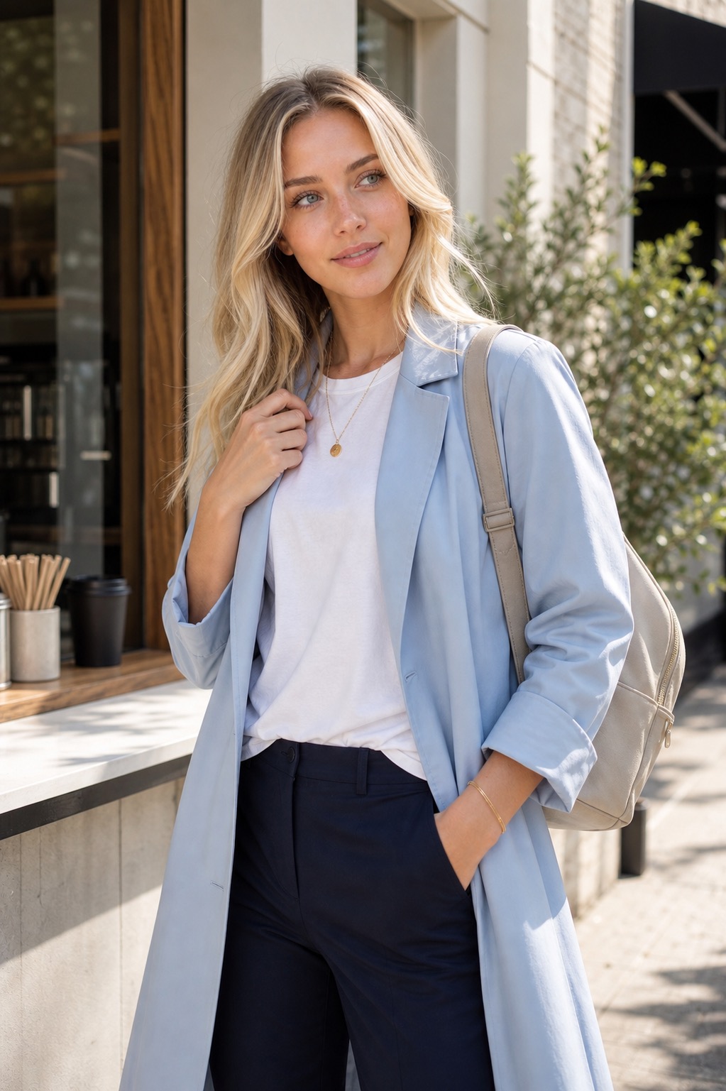 Spring Athleisure Outfit: a light coat, ankle pants, and sneakers upper-body layering detail: Sky-blue lightweight spring coat, White cotton tee, Navy straight ankle pants, Clean white leather sneakers, Oatmeal compact backpack styling reference image