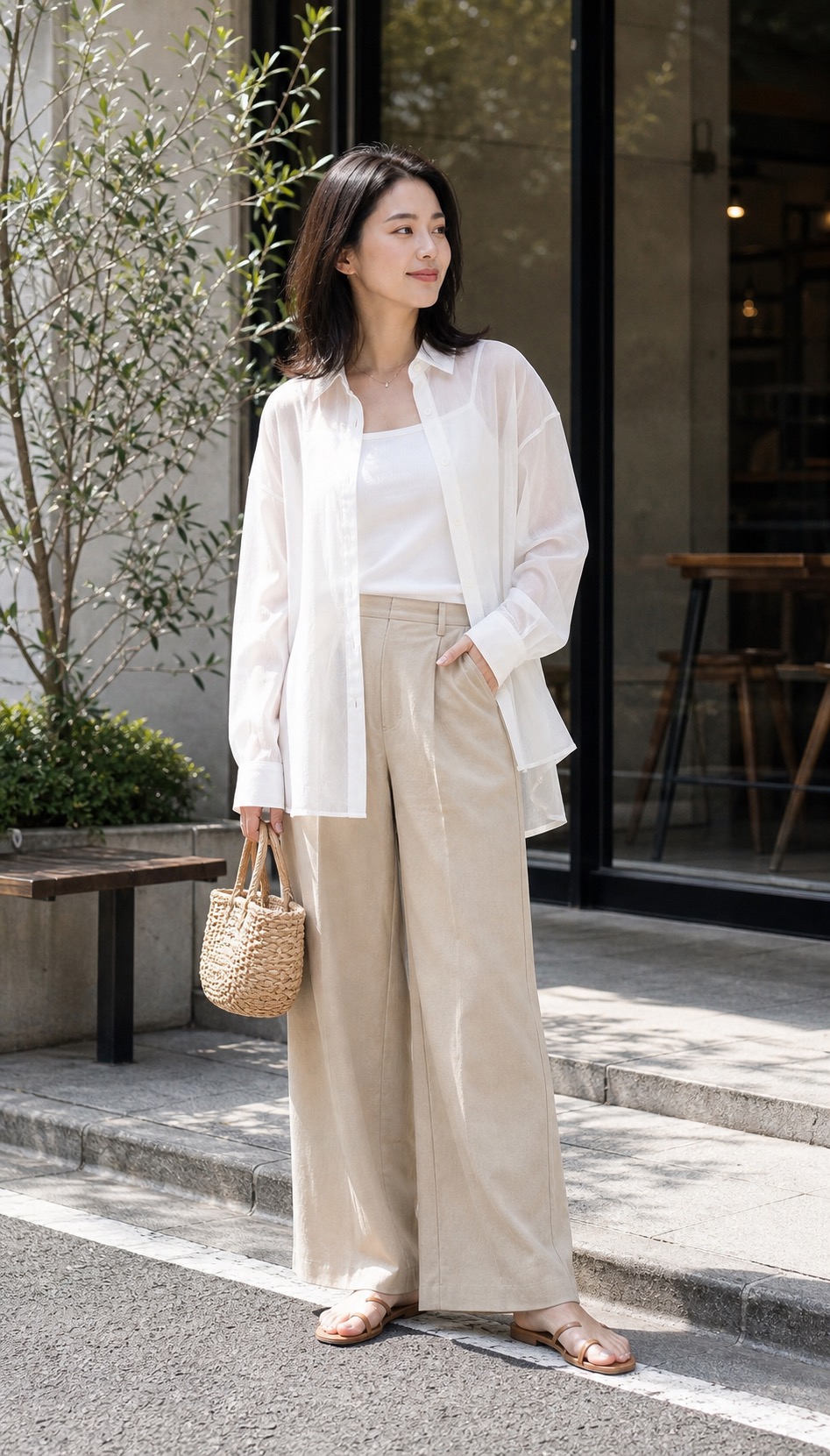 白シアーシャツ コーデ 参考画像 4: ベージュのワイドパンツで軽く着る春夏コーデ