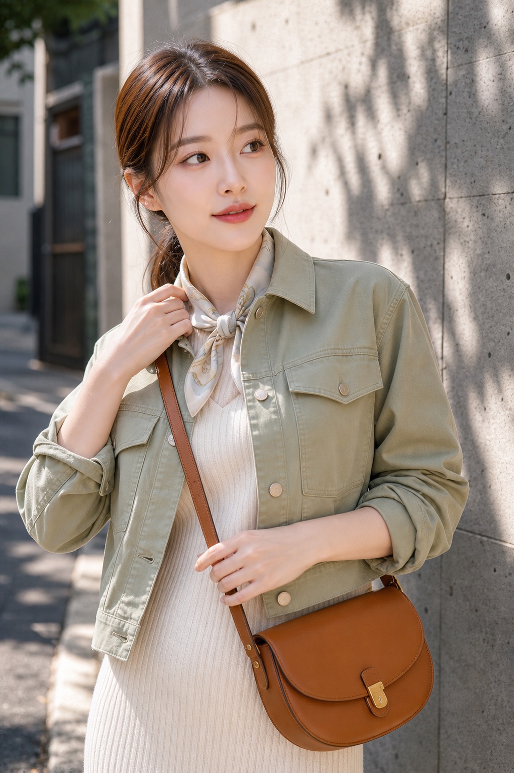 봄 갤러리룩, 니트 원피스와 스니커즈로 편하게 상체 레이어링 디테일: 세이지 크롭 유틸리티 재킷, 크림 골지 니트 미디 원피스, 화이트 레더 스니커즈, 코냑 새들 크로스백, 작은 실크 스카프 스타일링 참고 이미지