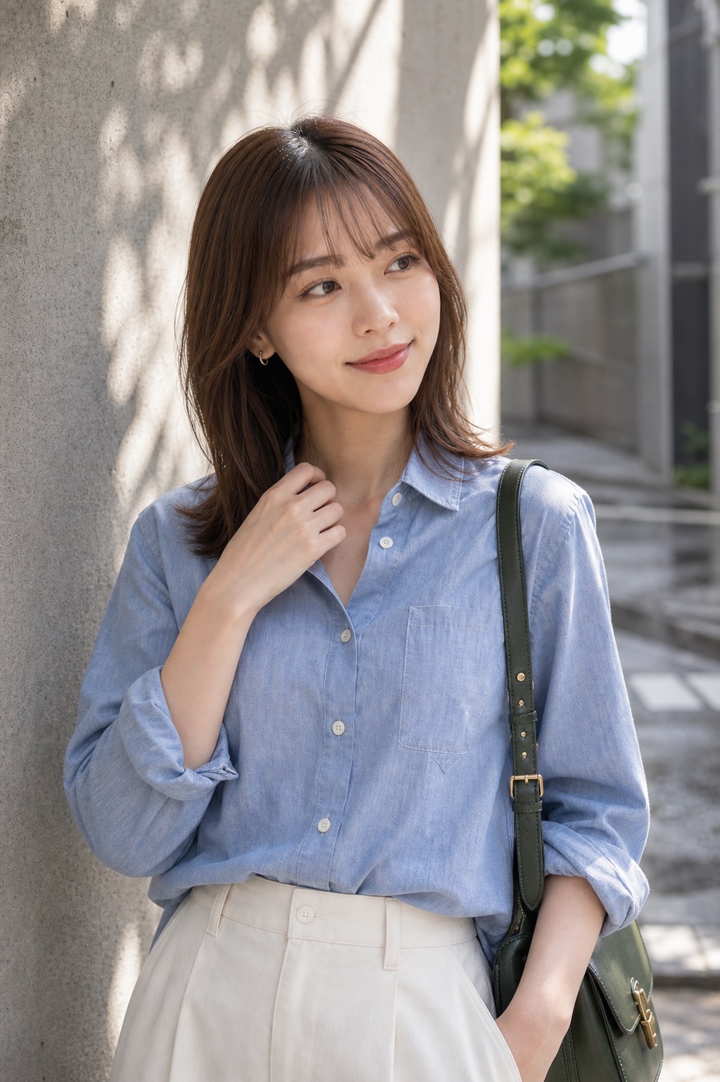 雨の日 コーデ、シャンブレーシャツとワイドパンツで整えるの上半身レイヤードのディテール: ライトシャンブレーシャツ, エクリュのワイドコットンパンツ, バーガンディのペニーローファー, ダークグリーンのショルダーバッグ, 小さめシルバーイヤリングのスタイリング参考画像