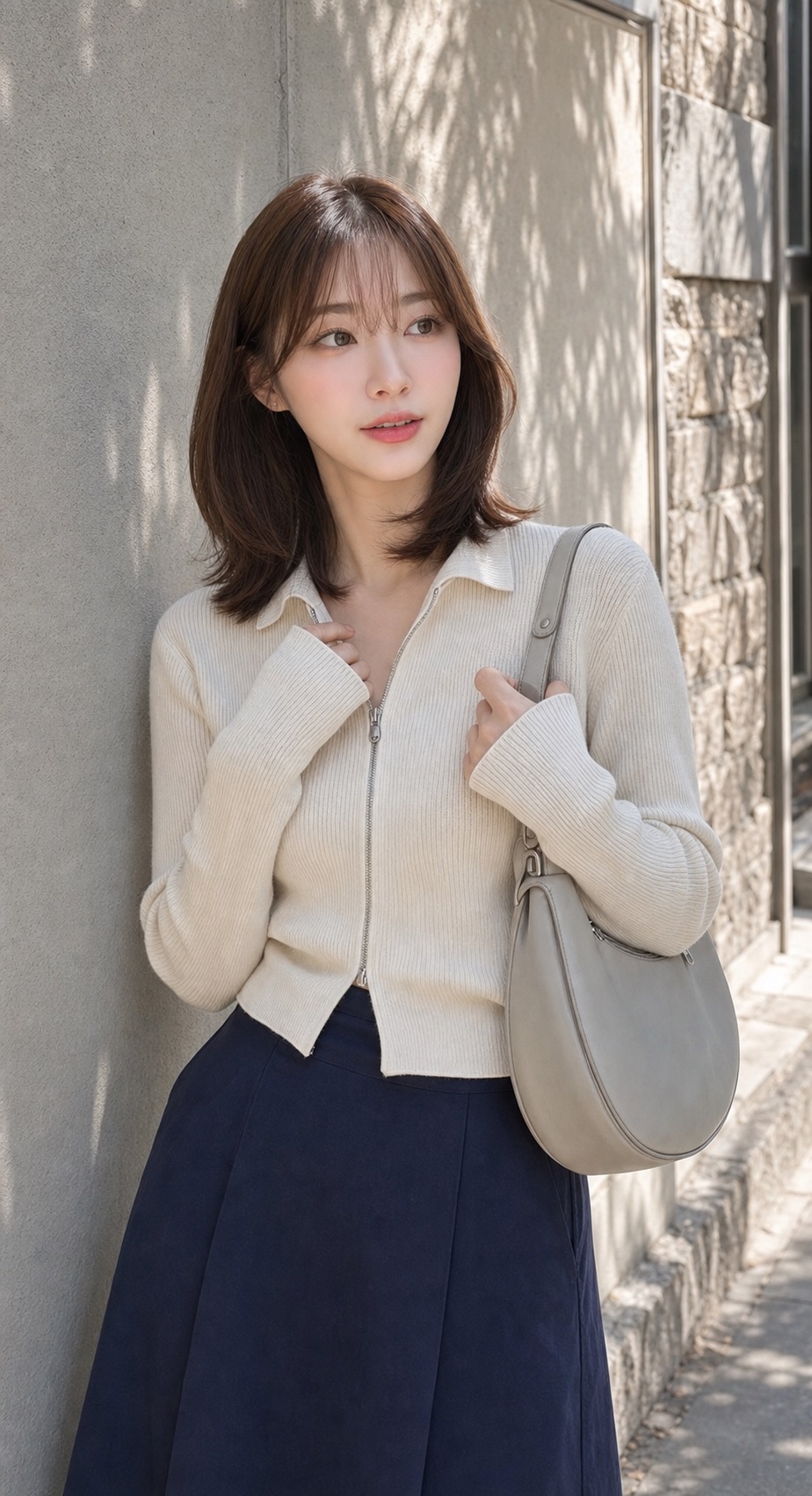 봄 장보기룩, 집업 폴로와 맥시 스커트로 활동적으로 상체 레이어링 디테일: 에크루 집업 니트 폴로, 잉크 네이비 코튼 맥시 스커트, 세이지 그린 트레이너, 라이트 그레이 크레센트 숄더백 스타일링 참고 이미지