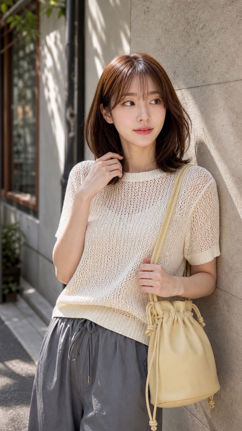 봄 데이트룩, 메시 니트와 파라슈트 팬츠로 시원하게 상체 레이어링 디테일: 크림 메시 반소매 니트, 스모키 그레이 파라슈트 팬츠, 오프화이트 테라스 스니커즈, 버터 옐로 드로스트링 백 스타일링 참고 이미지