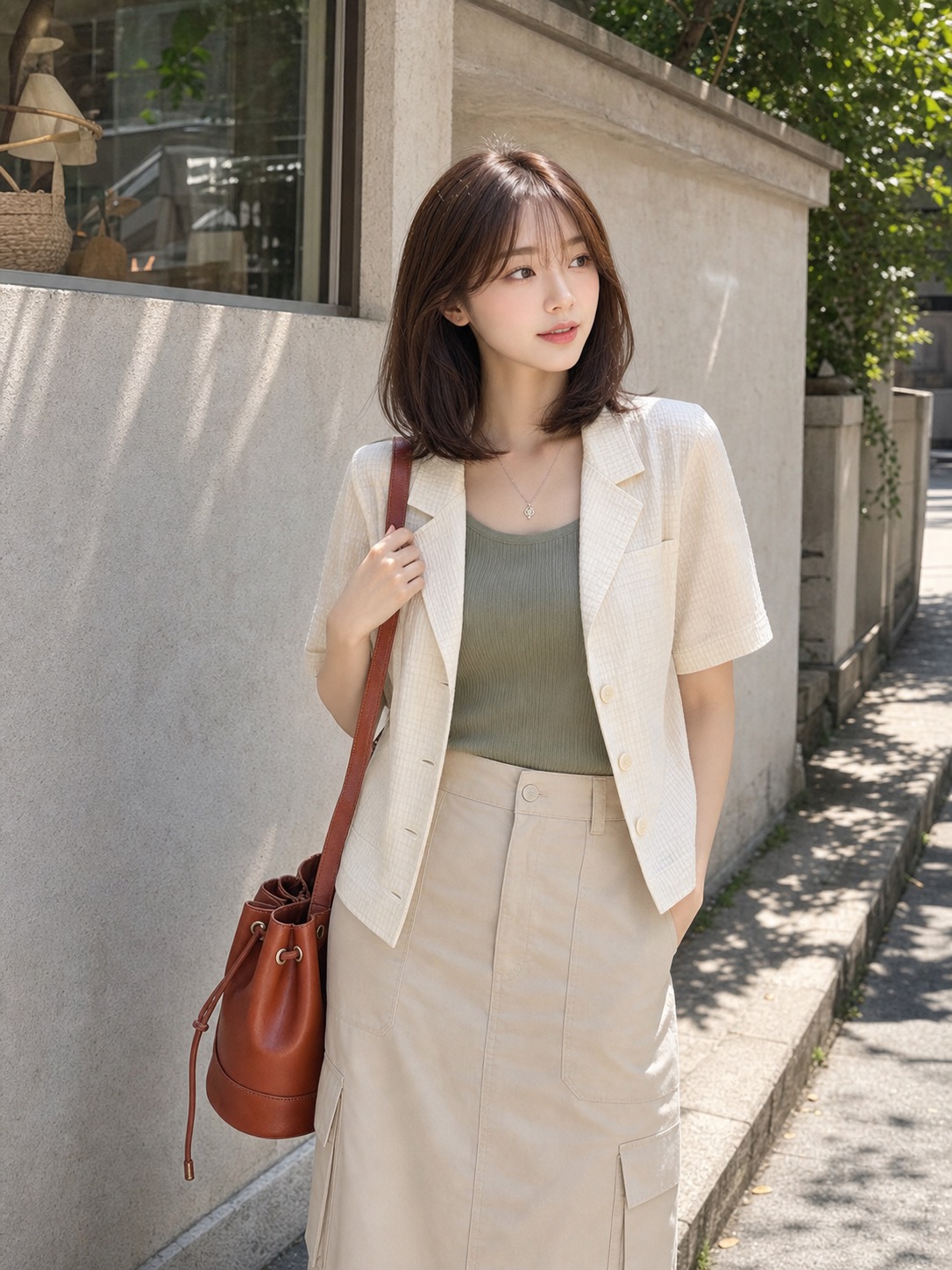 동네 장보기룩, 시어서커 재킷과 유틸리티 스커트로 가볍게 상체 레이어링 디테일: 크림 시어서커 반팔 재킷, 세이지 슬리브리스 니트, 스톤 유틸리티 미디 스커트, 브라운 투스트랩 샌들, 테라코타 버킷백 스타일링 참고 이미지