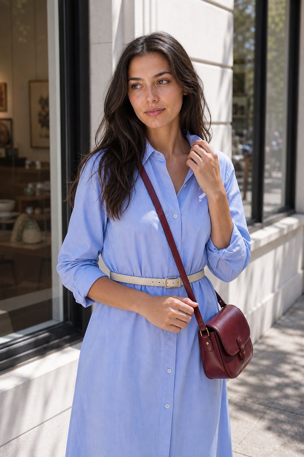 Spring Gallery Outfit: a poplin shirtdress, mules, and crossbody bag upper-body layering detail: Sky-blue poplin shirtdress, Chocolate square-toe mules, Cranberry leather crossbody bag, Ivory slim belt styling reference image